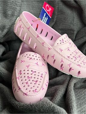 Women’s Pink Slip-On Clog Loafers with Breast Cancer Ribbon Accent